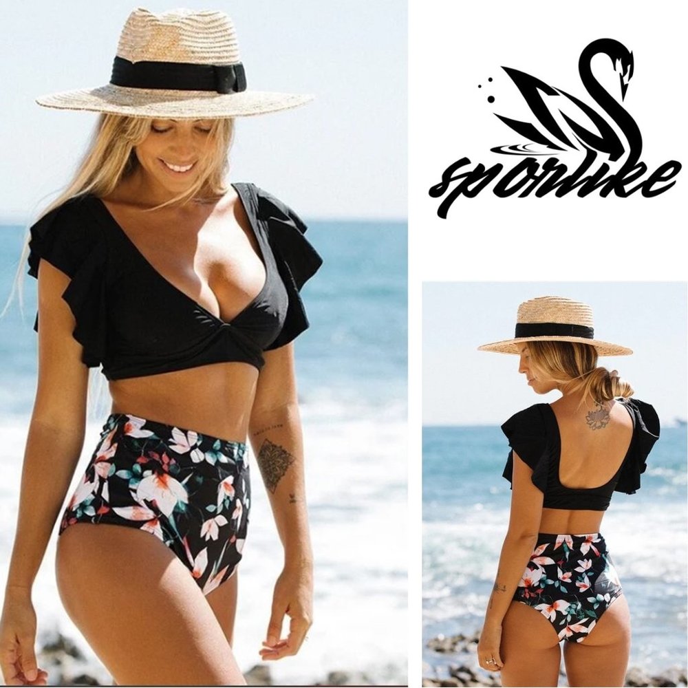 🔥Last ChanceNWT SPORLIKE High Waist Ruffle Top 2-Piece Swimsuit 🌴 NEW WITH TAG!!
